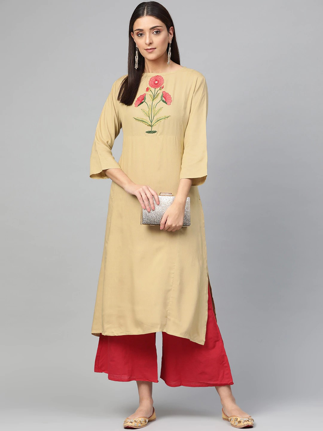 Wahe-NOOR Women's Beige & Red Yoke Design Kurta With Palazzos - Distacart