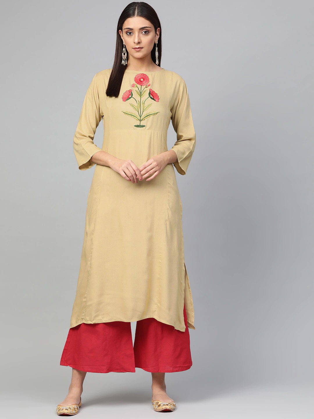 Wahe-NOOR Women's Beige & Red Yoke Design Kurta With Palazzos - Distacart