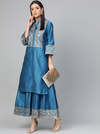 Thumbnail for Wahe-NOOR Women's Blue & Golden Yoke Design Poly Silk Kurta With Palazzos - Distacart