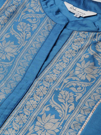 Thumbnail for Wahe-NOOR Women's Blue & Golden Yoke Design Poly Silk Kurta With Palazzos - Distacart