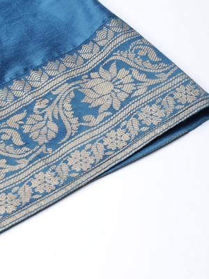 Wahe-NOOR Women's Blue & Golden Yoke Design Poly Silk Kurta With Palazzos - Distacart