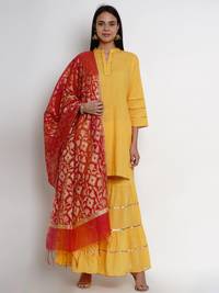 Thumbnail for Wahe-NOOR Women's Yellow & Pink Solid Kurta With Sharara & Dupatta - Distacart
