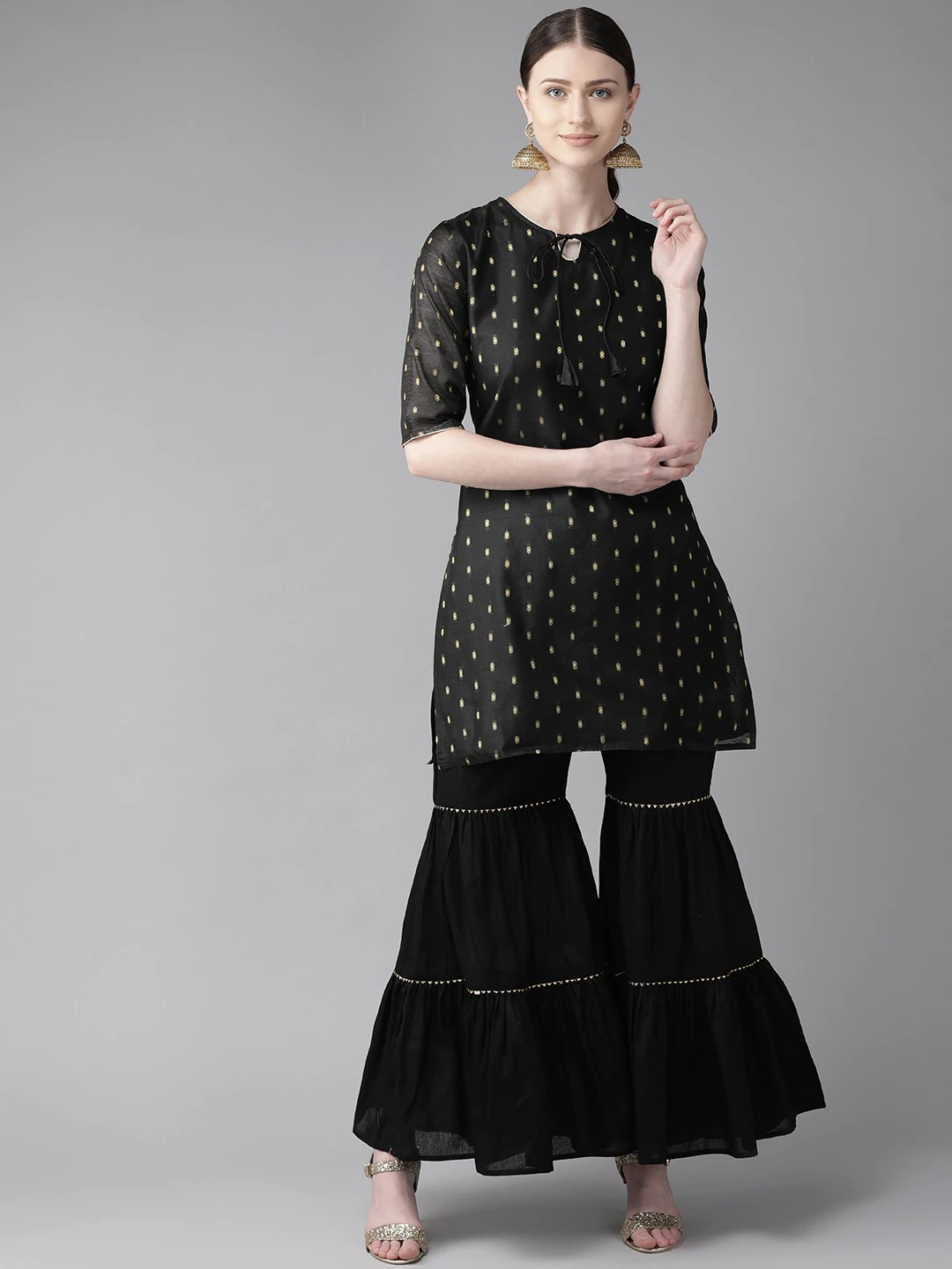 Wahe-NOOR Women's Black & Golden Woven Design Kurta With Sharara - Distacart