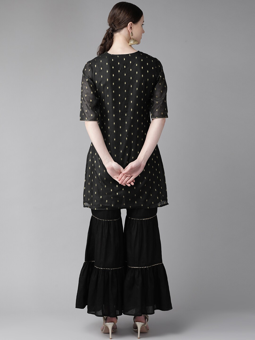 Wahe-NOOR Women's Black & Golden Woven Design Kurta With Sharara - Distacart