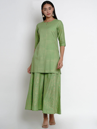 Thumbnail for Wahe-NOOR Women's Green & Gold Striped Kurti With Palazzos - Distacart