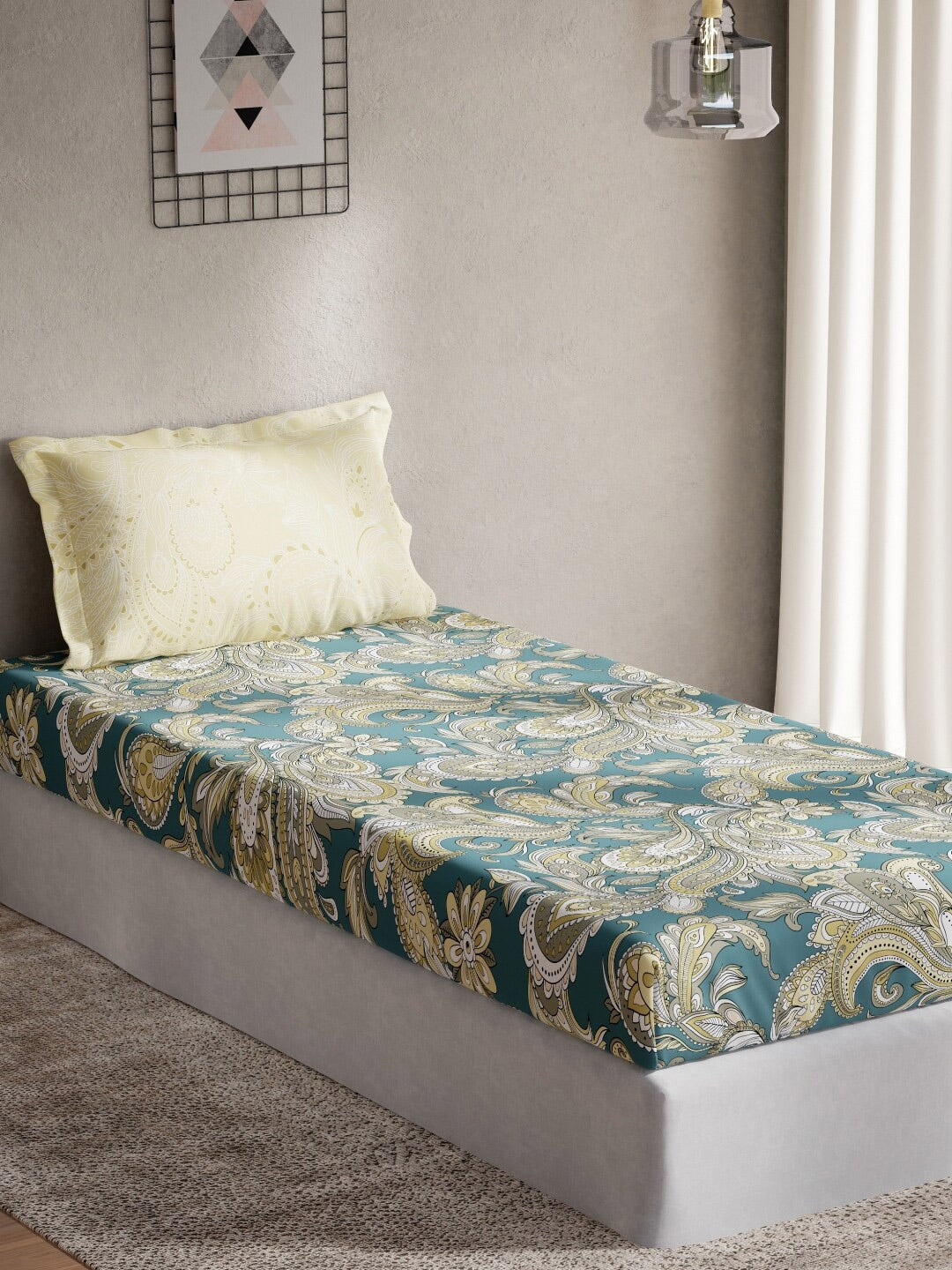 DDecor Green & Yellow Ethnic Motifs 144 TC Cotton Single Bedsheet with 1 Pillow Cover - Distacart