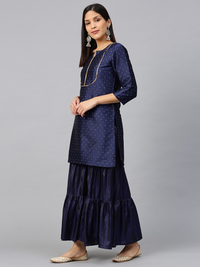 Thumbnail for Wahe-NOOR Women's Navy Blue & Golden Satin Finish Self Design Kurta With Sharara - Distacart