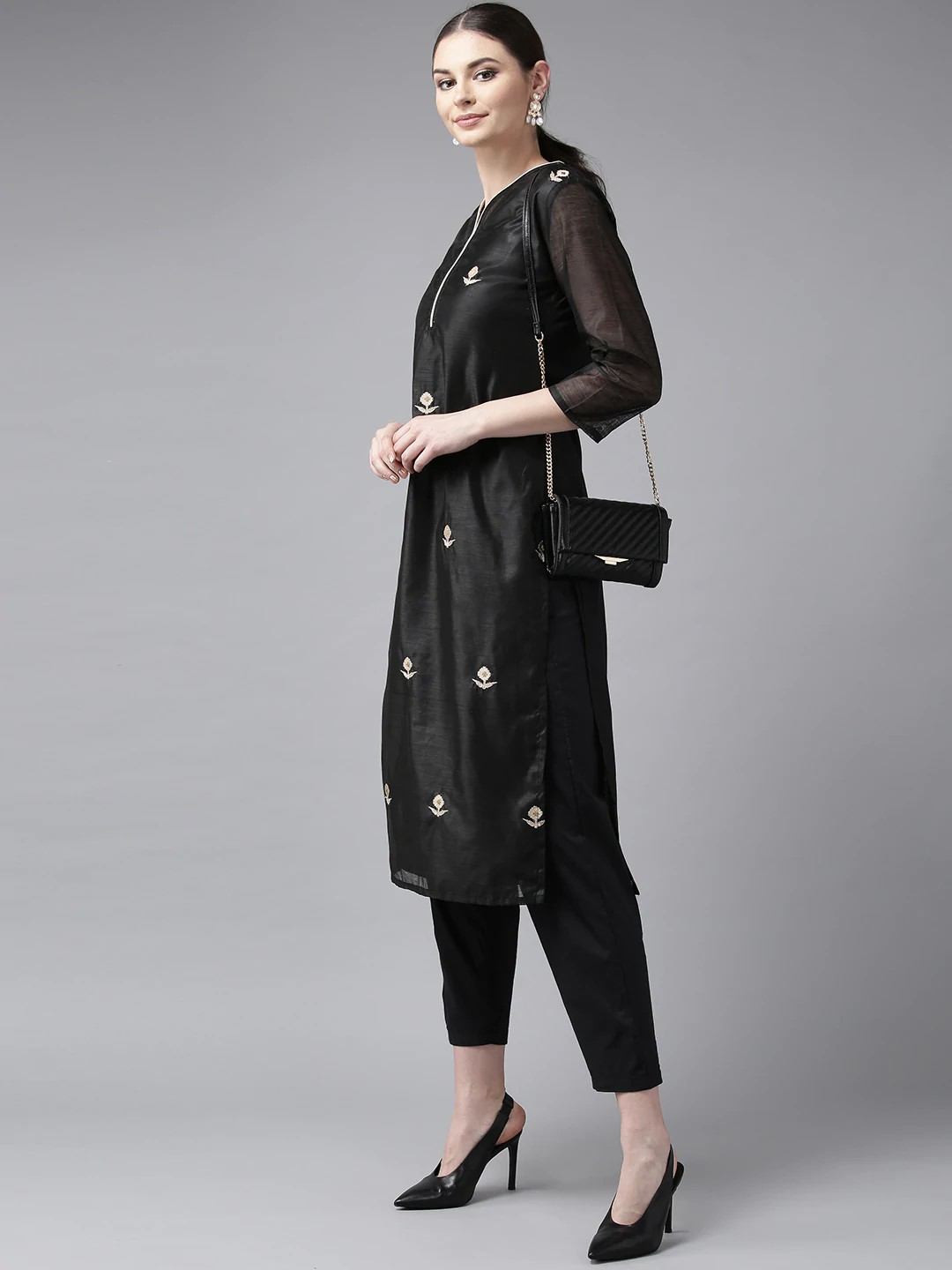 Wahe-NOOR Women's Black & Cream-Coloured Embroidered Kurta With Trousers - Distacart