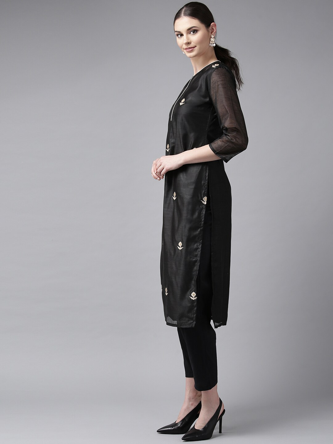 Wahe-NOOR Women's Black & Cream-Coloured Embroidered Kurta With Trousers - Distacart