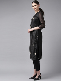 Thumbnail for Wahe-NOOR Women's Black & Cream-Coloured Embroidered Kurta With Trousers - Distacart