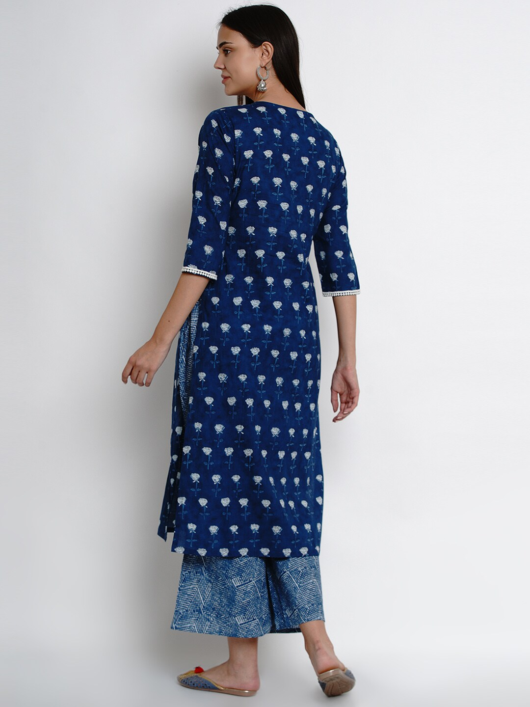 Wahe-NOOR Women's Blue & White Indigo Printed Kurta With Palazzos - Distacart