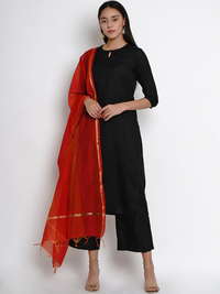 Thumbnail for Wahe-NOOR Women's Black & Red Solid Kurta With Palazzos & Dupatta - Distacart