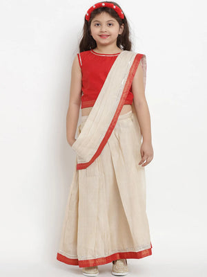 NOZ2TOZ Beige & Red Chanderi Silk Solid Half Saree Set with Blouse For Girls - Distacart
