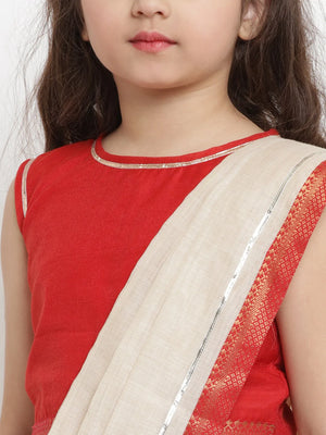 NOZ2TOZ Beige & Red Chanderi Silk Solid Half Saree Set with Blouse For Girls - Distacart