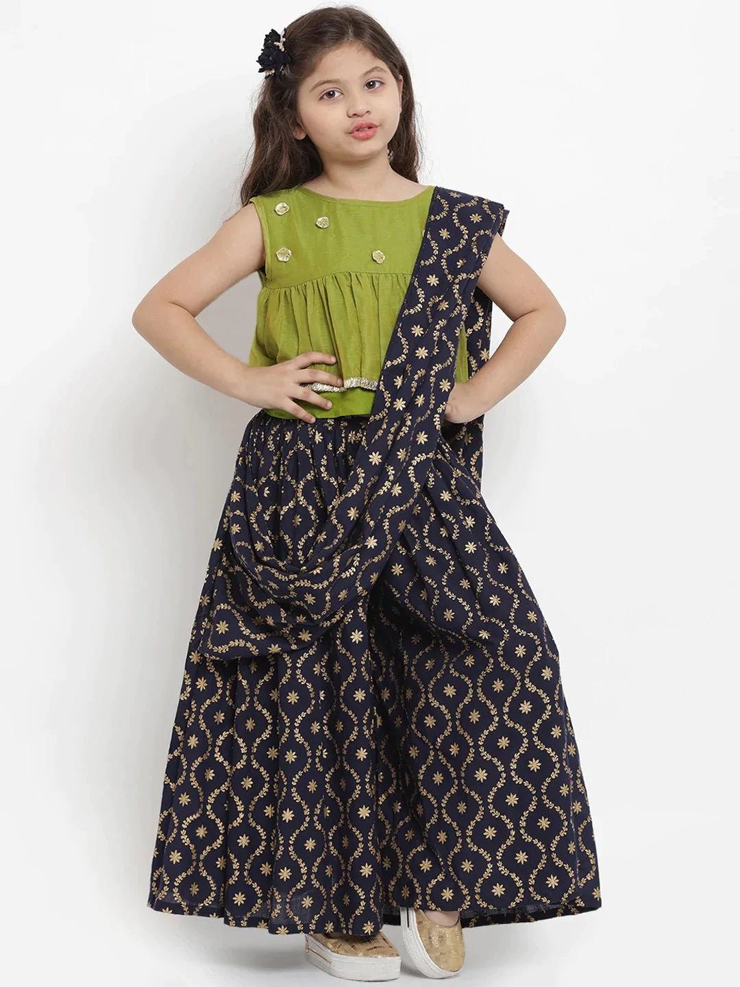 NOZ2TOZ Navy Blue & Green Chanderi Silk Printed Half Saree Set with Blouse For Girls - Distacart