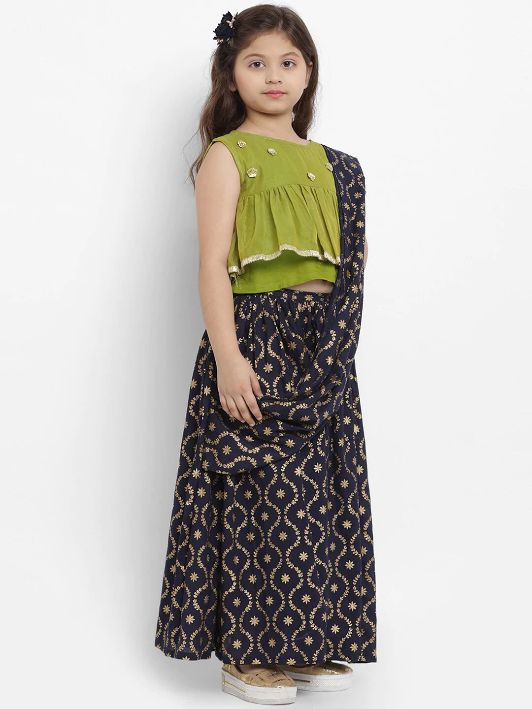 NOZ2TOZ Navy Blue & Green Chanderi Silk Printed Half Saree Set with Blouse For Girls - Distacart