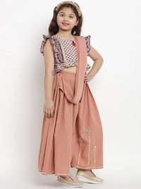 Thumbnail for NOZ2TOZ Peach & Red Crepe Printed Half Saree Set with Blouse For Girls - Distacart