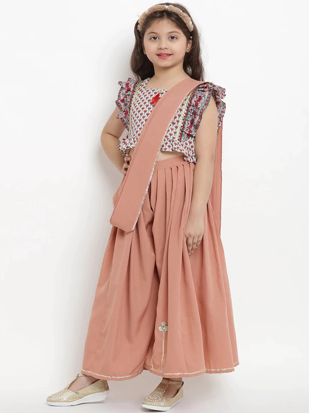 NOZ2TOZ Peach & Red Crepe Printed Half Saree Set with Blouse For Girls - Distacart