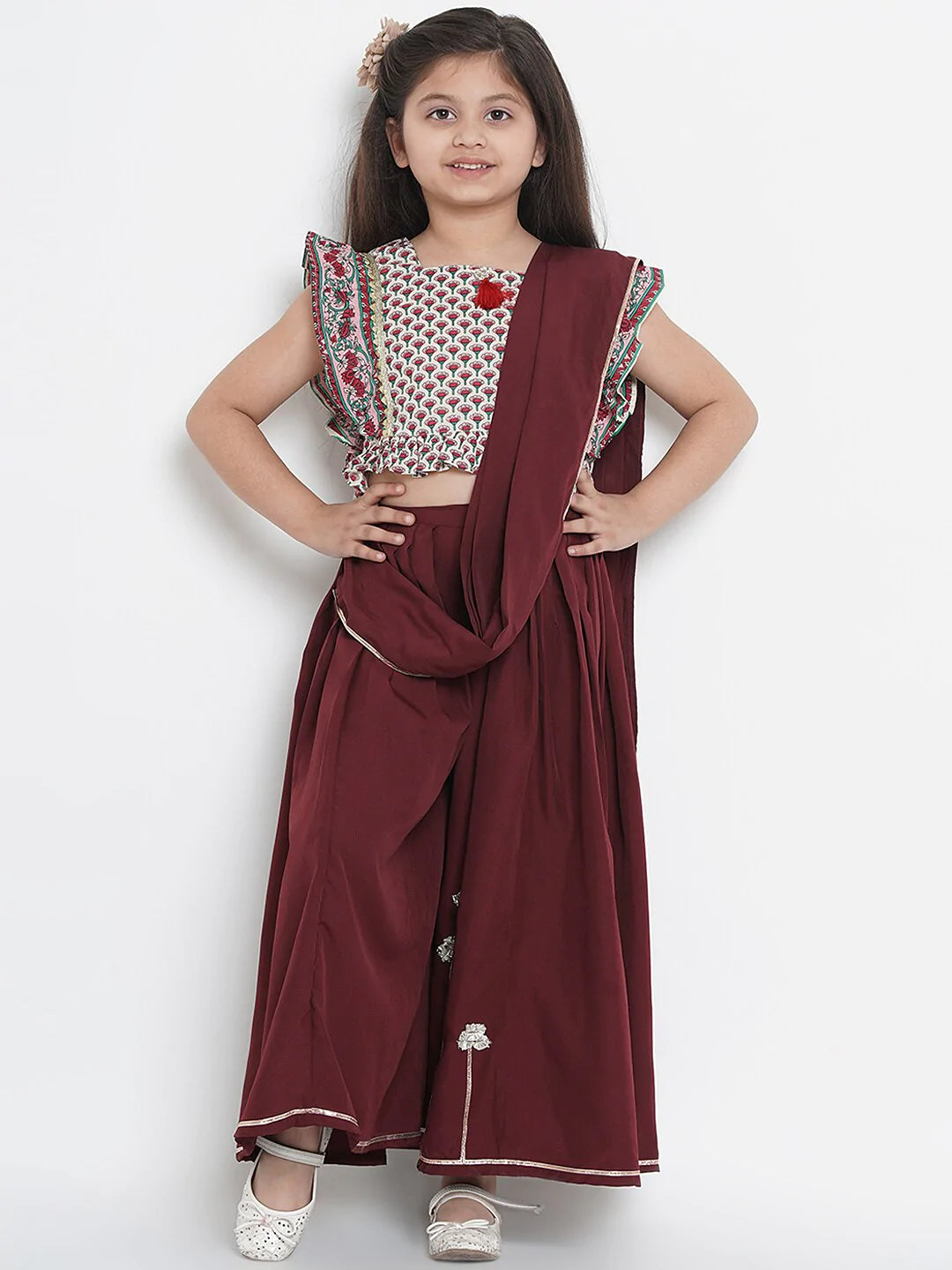 NOZ2TOZ Maroon & Cream Crepe Printed Half Saree Set with Blouse For Girls - Distacart