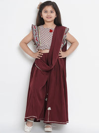 Thumbnail for NOZ2TOZ Maroon & Cream Crepe Printed Half Saree Set with Blouse For Girls - Distacart