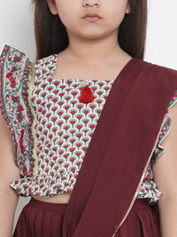 Thumbnail for NOZ2TOZ Maroon & Cream Crepe Printed Half Saree Set with Blouse For Girls - Distacart