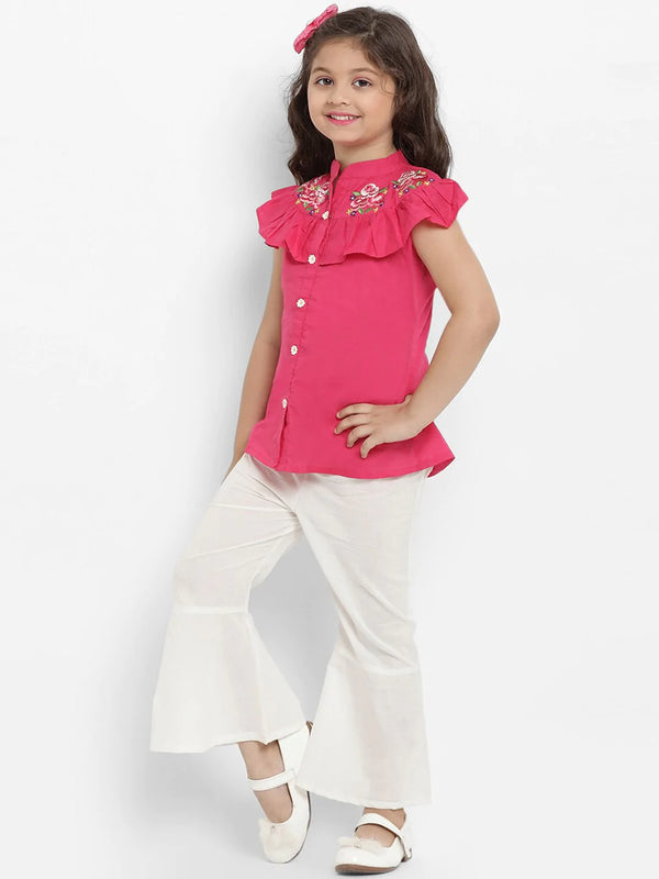 NOZ2TOZ Fuchsia Pink & White Printed Top & Palazzo Set For Girls - Distacart