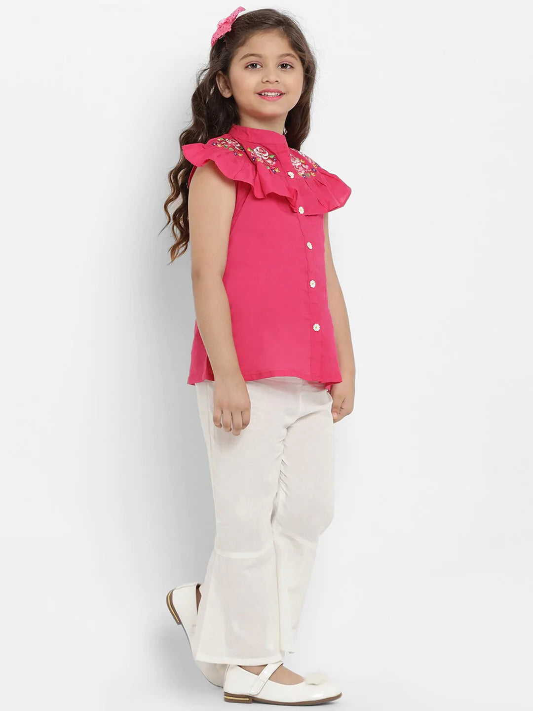 NOZ2TOZ Fuchsia Pink & White Printed Top & Palazzo Set For Girls - Distacart