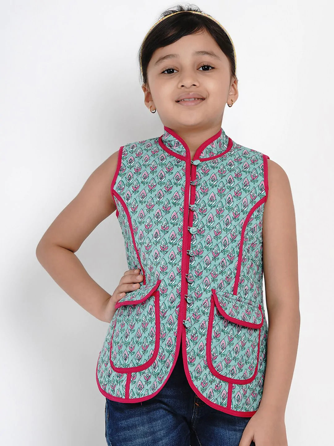 NOZ2TOZ Green & Pink Printed Tailored Jacket Top For Girls - Distacart