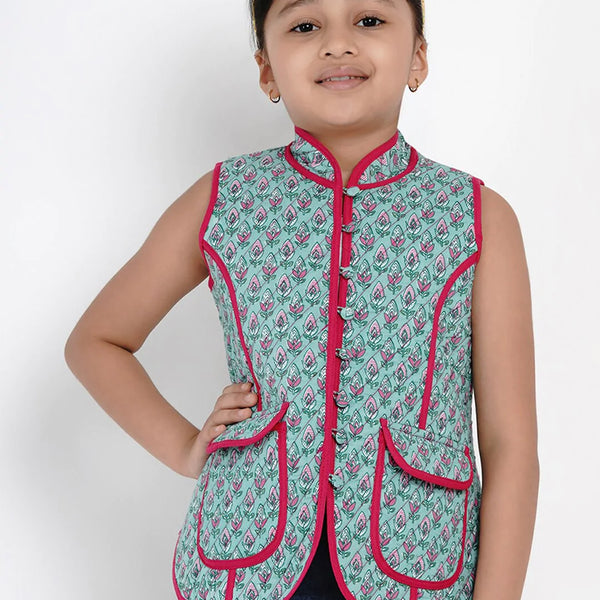 NOZ2TOZ Green & Pink Printed Tailored Jacket Top For Girls - Distacart