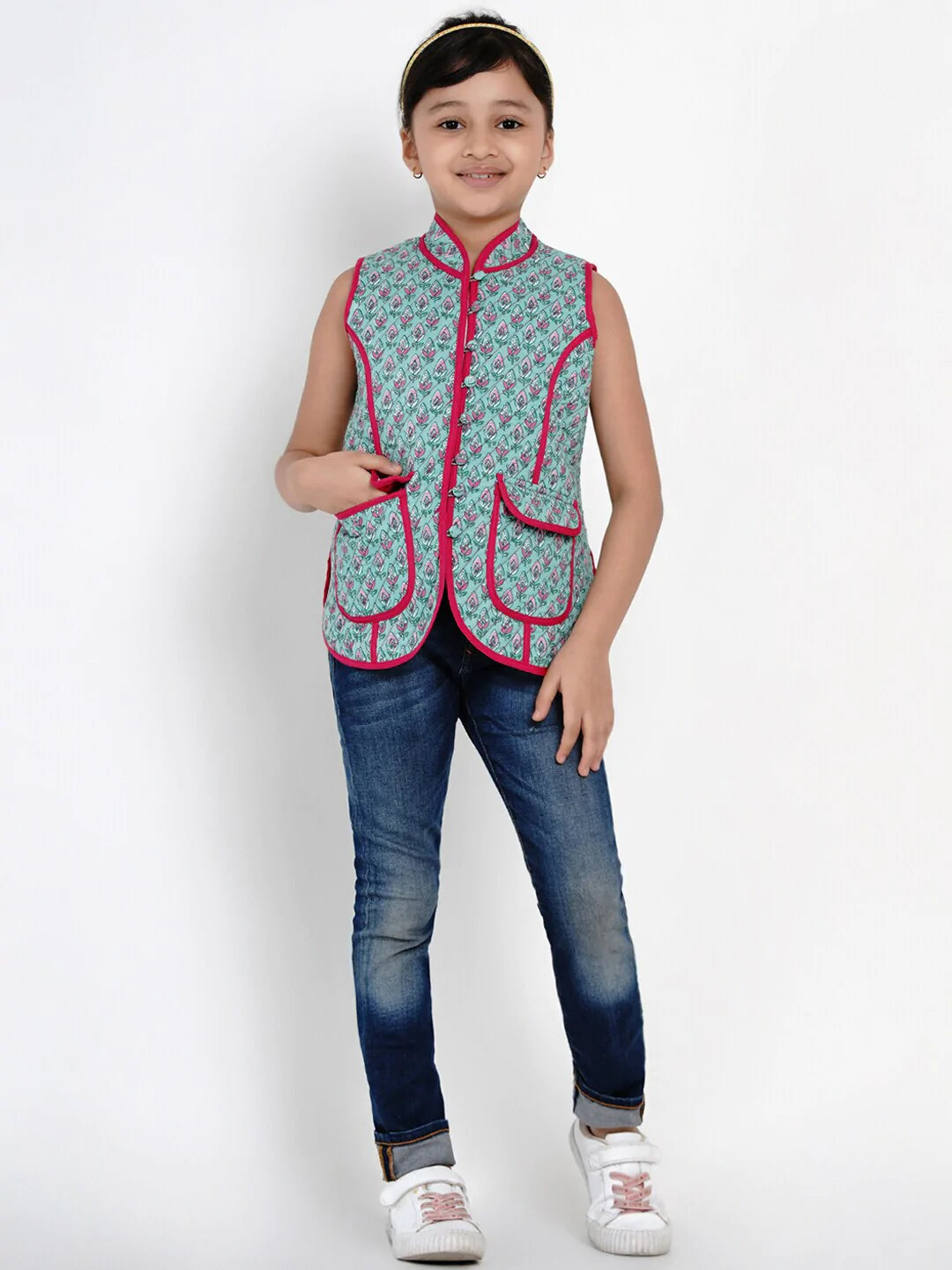 NOZ2TOZ Green & Pink Printed Tailored Jacket Top For Girls - Distacart