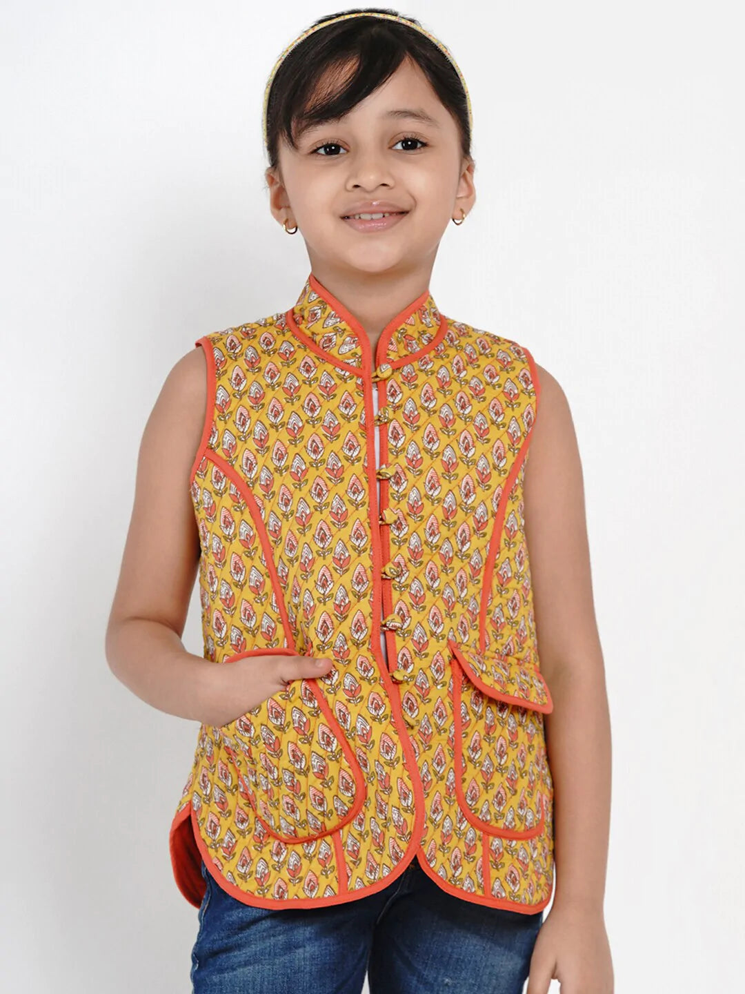 NOZ2TOZ Mustard Yellow Printed Tailored Jacket Top For Girls - Distacart