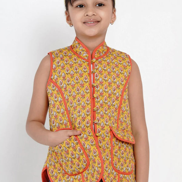 NOZ2TOZ Mustard Yellow Printed Tailored Jacket Top For Girls - Distacart