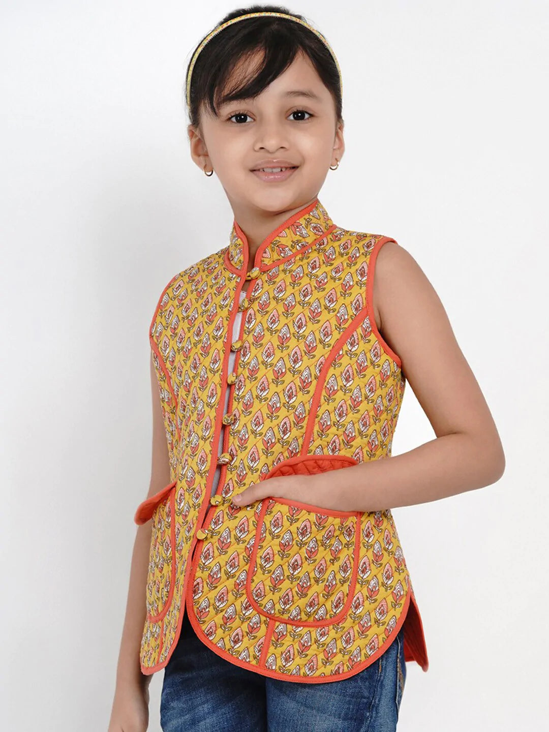 NOZ2TOZ Mustard Yellow Printed Tailored Jacket Top For Girls - Distacart