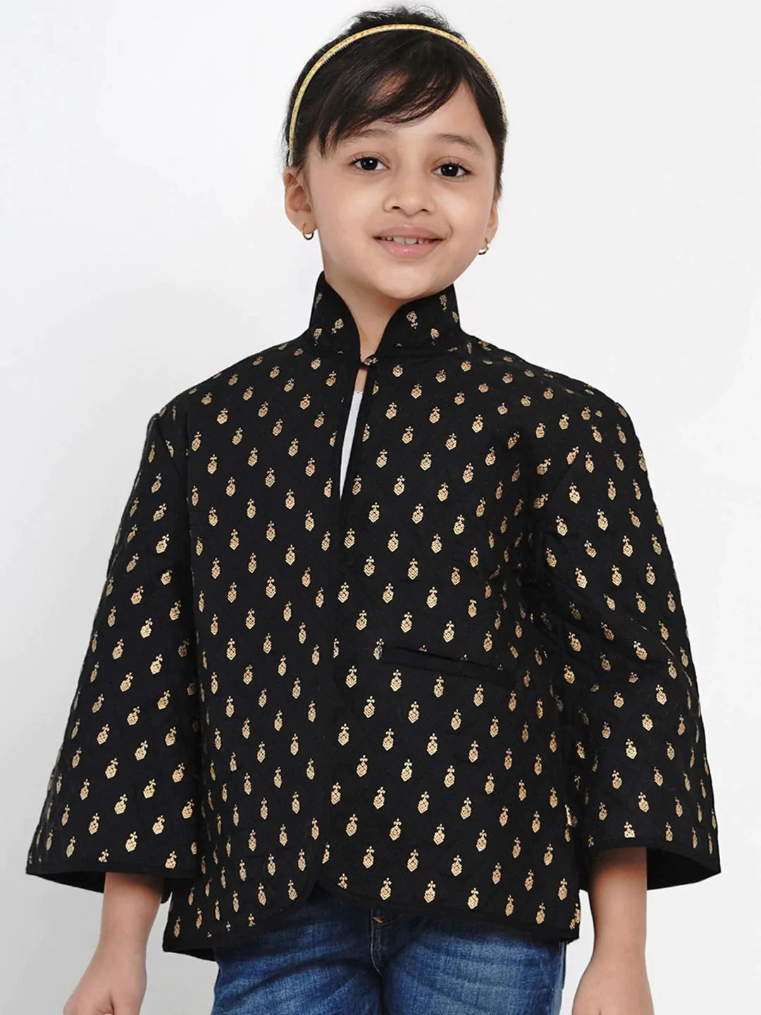 NOZ2TOZ Black & Gold Self Design Tailored Jacket Top For Girls - Distacart