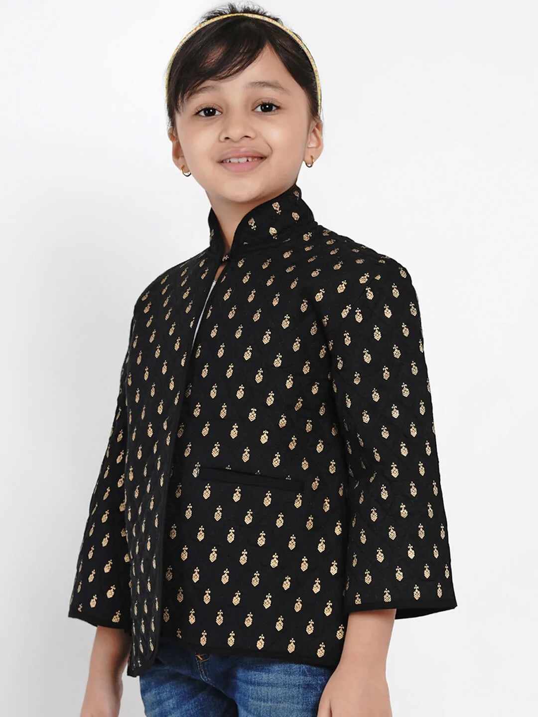 NOZ2TOZ Black & Gold Self Design Tailored Jacket Top For Girls - Distacart