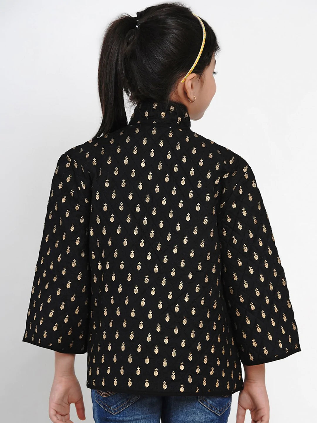 NOZ2TOZ Black & Gold Self Design Tailored Jacket Top For Girls - Distacart