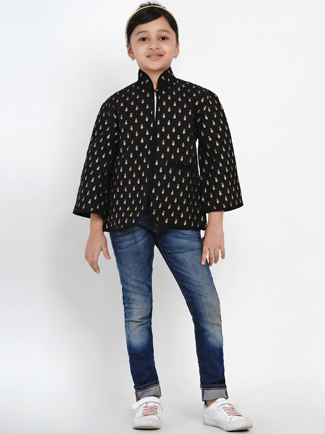 NOZ2TOZ Black & Gold Self Design Tailored Jacket Top For Girls - Distacart