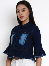 Thumbnail for Wahe-NOOR Women's Blue Solid Lightweight Crop Denim Jacket - Distacart