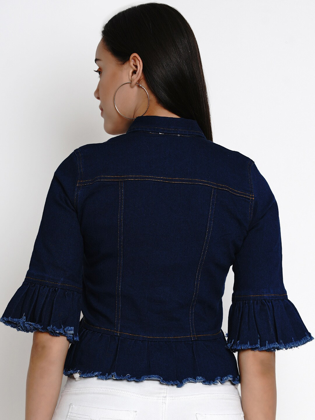 Wahe-NOOR Women's Blue Solid Lightweight Crop Denim Jacket - Distacart