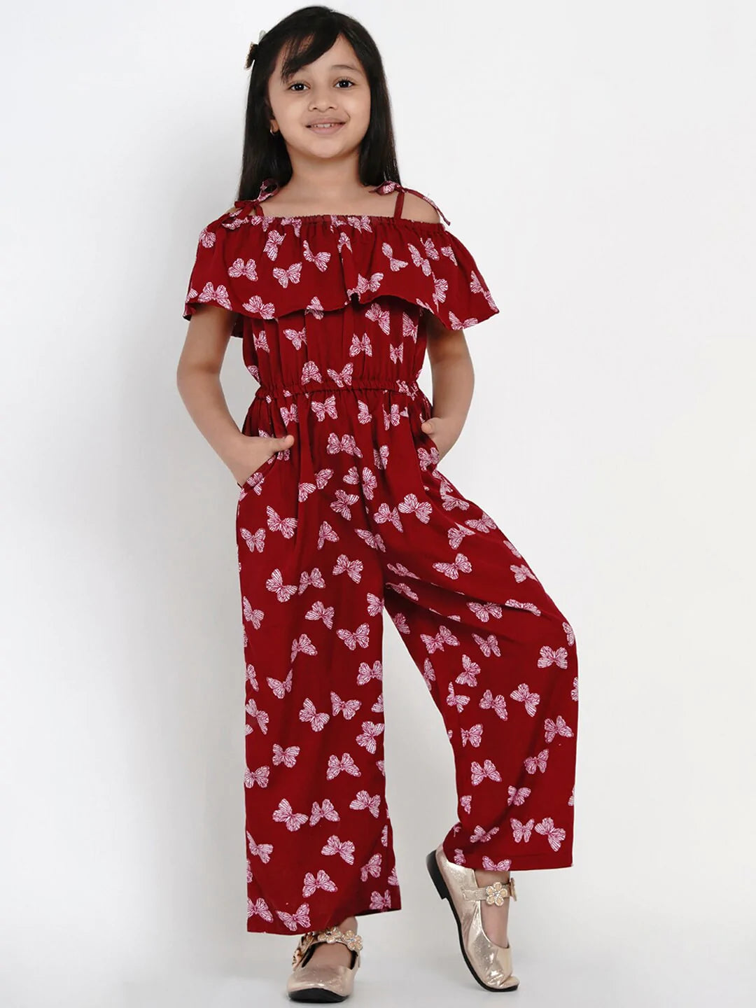 NOZ2TOZ Maroon & White Printed Basic Jumpsuit For Girls - Distacart