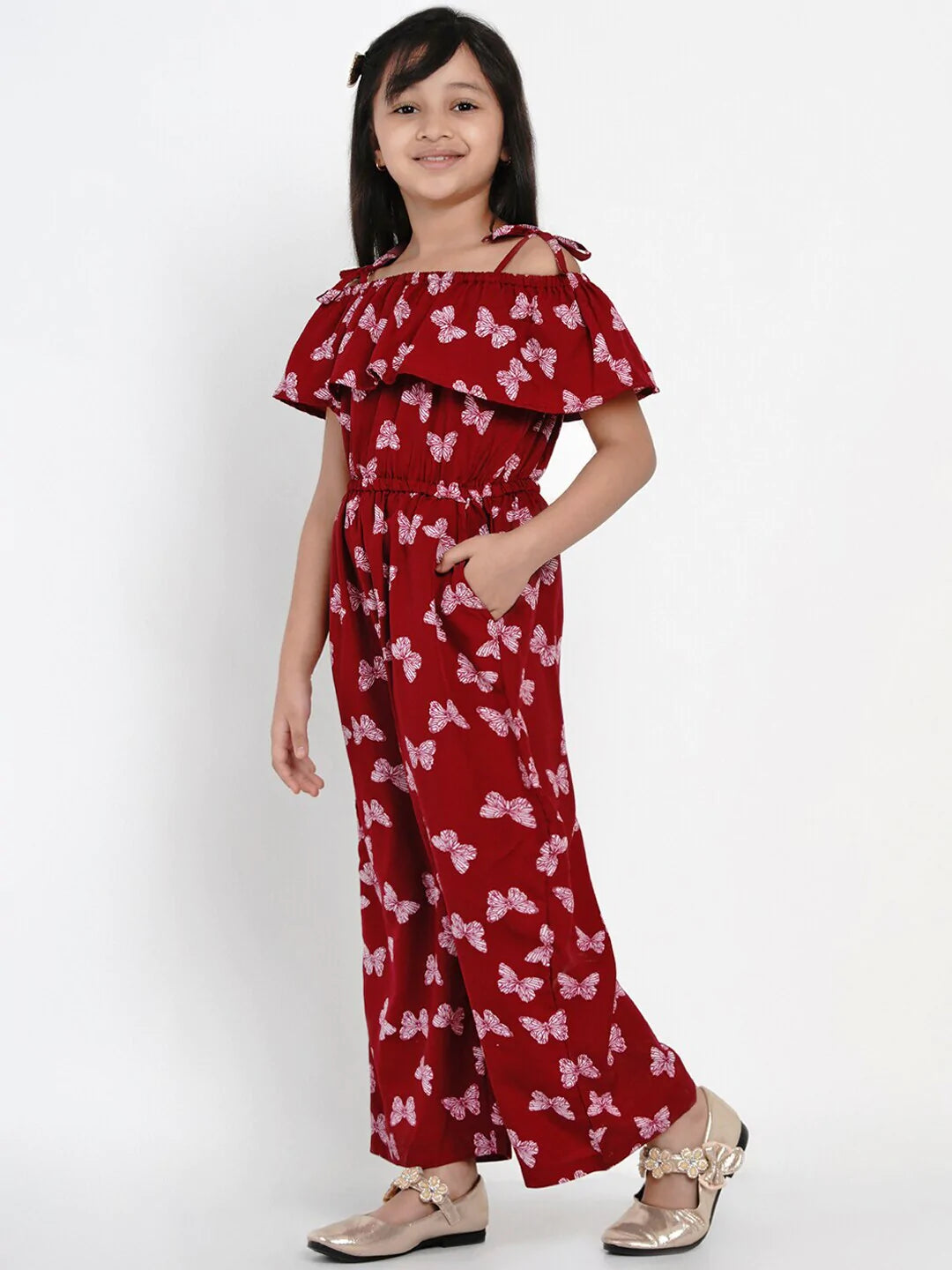 NOZ2TOZ Maroon & White Printed Basic Jumpsuit For Girls - Distacart