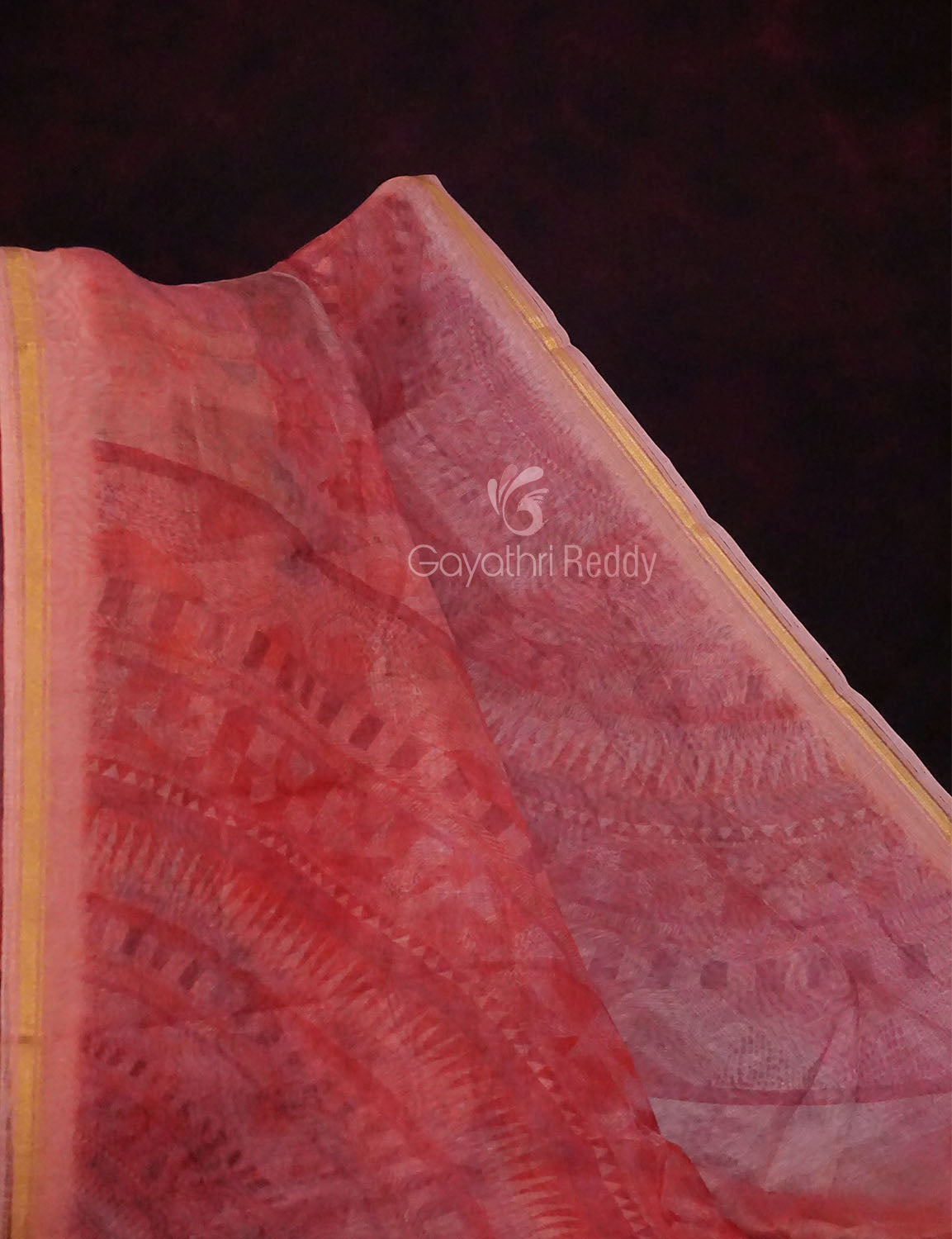 Peachish Orange Colour Abstract Print Semi Chanderi Saree By Gayathri Reddy Designer Studio - Distacart