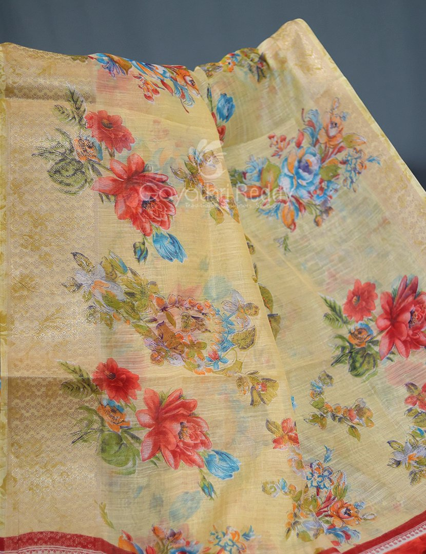 Shades of Light Dry Mehendi With Floral Print Semi Chanderi Saree By Gayathri Reddy Designer Studio - Distacart
