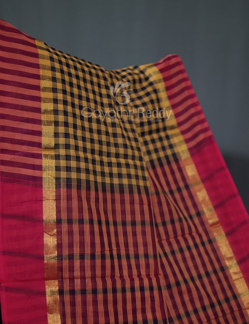 Mustard And Black With Checks Pure Mangalgiri Cotton Saree By Gayathri Reddy Designer Studio - Distacart