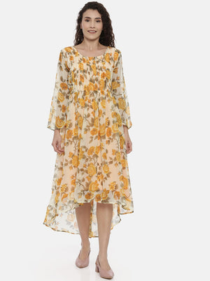 Souchii Cream-Coloured Floral Printed A-Line Dress - Distacart