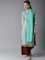 Thumbnail for HERE&NOW Women Blue & Brown Printed Kurta with Palazzos & Dupatta - Distacart