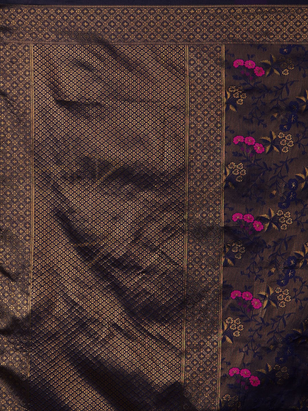 Mitera Navy Blue & Gold-Coloured Silk Blend Woven Design Kanjeevaram Saree - Distacart