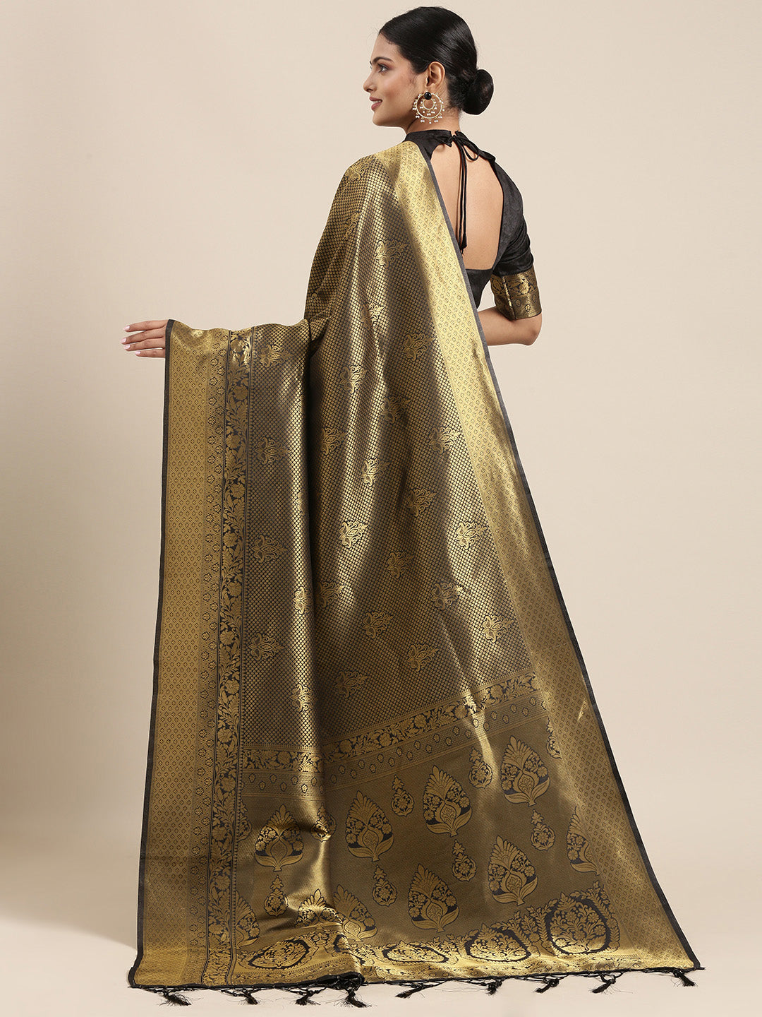 Saree Mall Black & Gold-Toned Ethnic Motifs Zari Silk Blend Banarasi Saree - Distacart