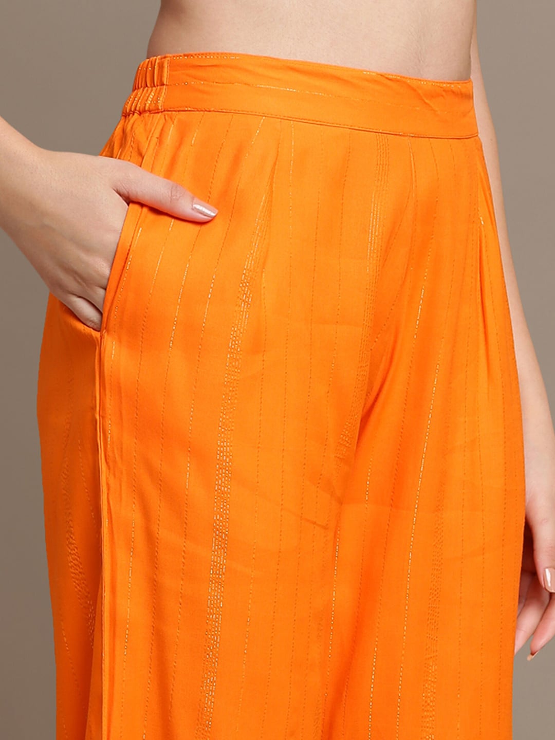 HERE&NOW Striped Mirror Work High Slit Kurta with Palazzos - Distacart
