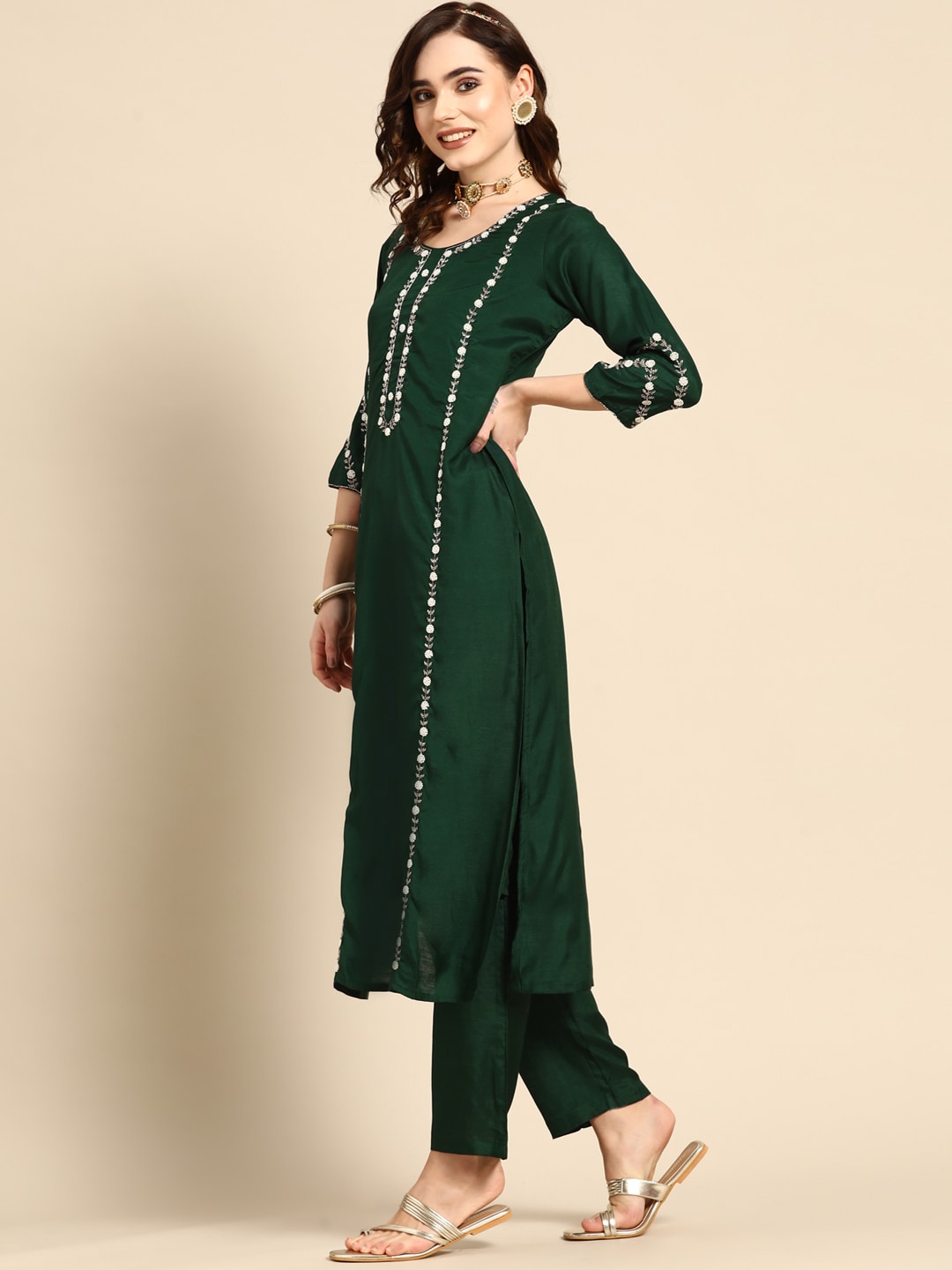Sangria Women Green & White Ethnic Embellished Beaded Kurta with Trousers & Dupatta - Distacart